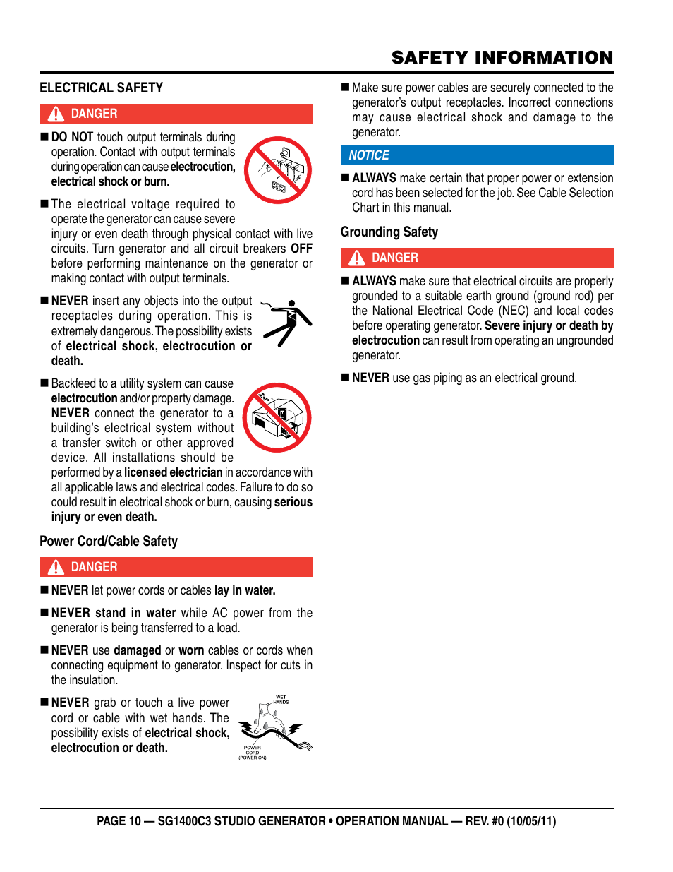 Safety information | Multiquip MQ Power 3-Position Switch/Paralleling 1400 Amp Studio Generator SG1400C3 User Manual | Page 10 / 62