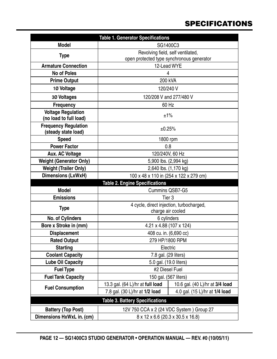 Specifications | Multiquip MQ Power 3-Position Switch/Paralleling 1400 Amp Studio Generator SG1400C3 User Manual | Page 12 / 62