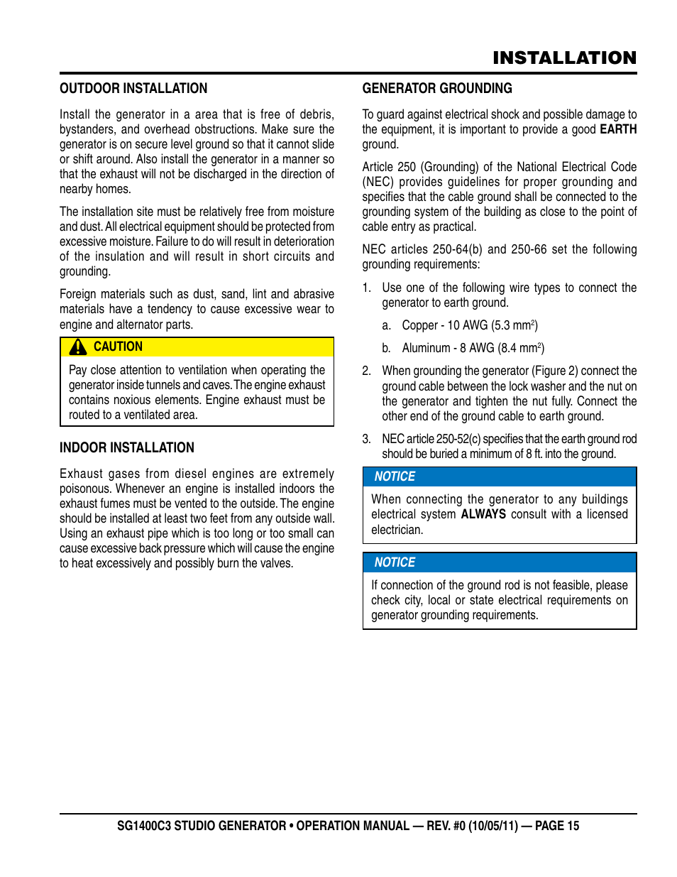 Installation | Multiquip MQ Power 3-Position Switch/Paralleling 1400 Amp Studio Generator SG1400C3 User Manual | Page 15 / 62