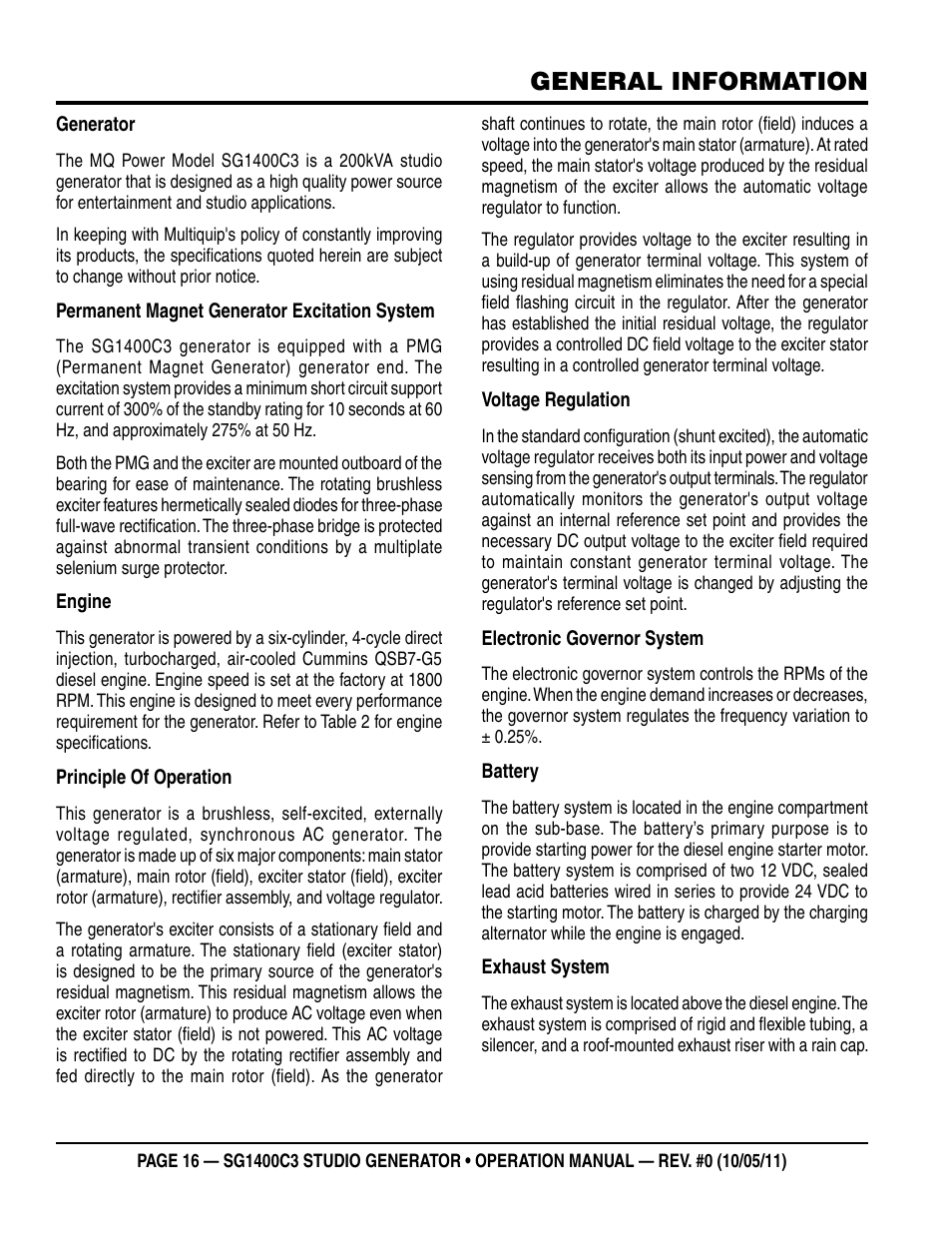 General information | Multiquip MQ Power 3-Position Switch/Paralleling 1400 Amp Studio Generator SG1400C3 User Manual | Page 16 / 62