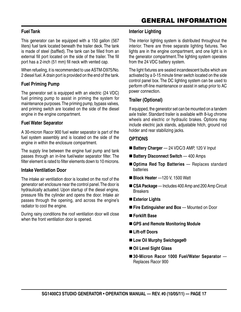 General information | Multiquip MQ Power 3-Position Switch/Paralleling 1400 Amp Studio Generator SG1400C3 User Manual | Page 17 / 62