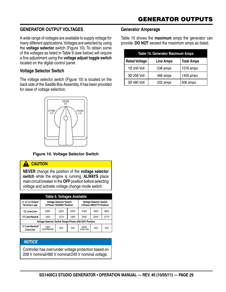 Generator outputs, Generator output voltages, Voltage selector switch | Generator amperage | Multiquip MQ Power 3-Position Switch/Paralleling 1400 Amp Studio Generator SG1400C3 User Manual | Page 29 / 62
