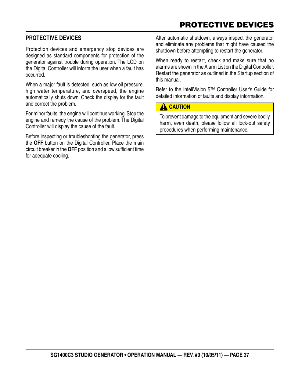 Protective devices | Multiquip MQ Power 3-Position Switch/Paralleling 1400 Amp Studio Generator SG1400C3 User Manual | Page 37 / 62