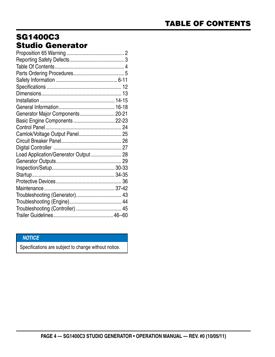 Multiquip MQ Power 3-Position Switch/Paralleling 1400 Amp Studio Generator SG1400C3 User Manual | Page 4 / 62