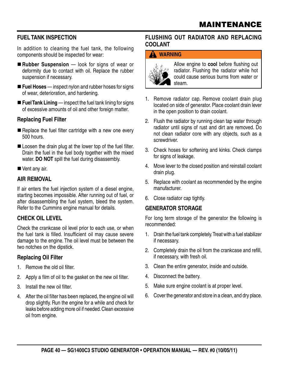 Maintenance | Multiquip MQ Power 3-Position Switch/Paralleling 1400 Amp Studio Generator SG1400C3 User Manual | Page 40 / 62