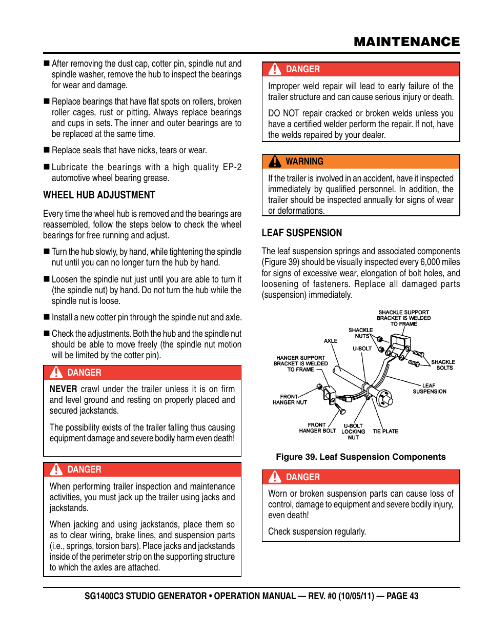 Maintenance | Multiquip MQ Power 3-Position Switch/Paralleling 1400 Amp Studio Generator SG1400C3 User Manual | Page 43 / 62