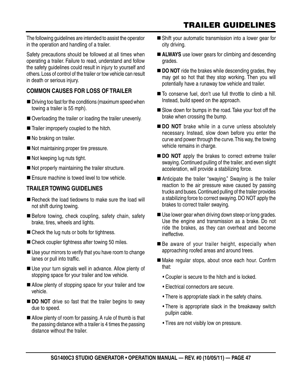 Trailer guidelines | Multiquip MQ Power 3-Position Switch/Paralleling 1400 Amp Studio Generator SG1400C3 User Manual | Page 47 / 62