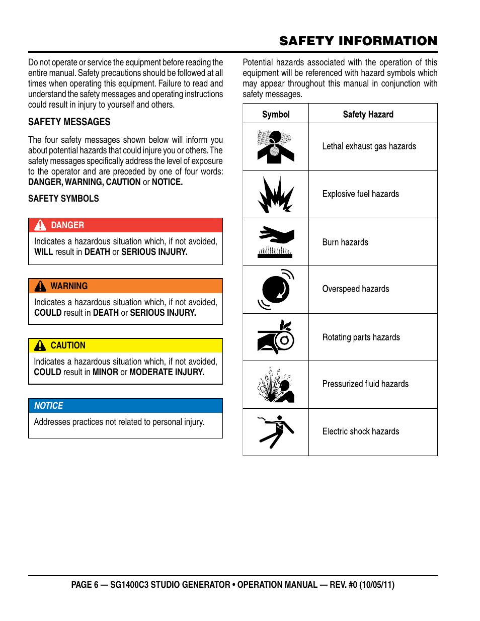 Safety information | Multiquip MQ Power 3-Position Switch/Paralleling 1400 Amp Studio Generator SG1400C3 User Manual | Page 6 / 62