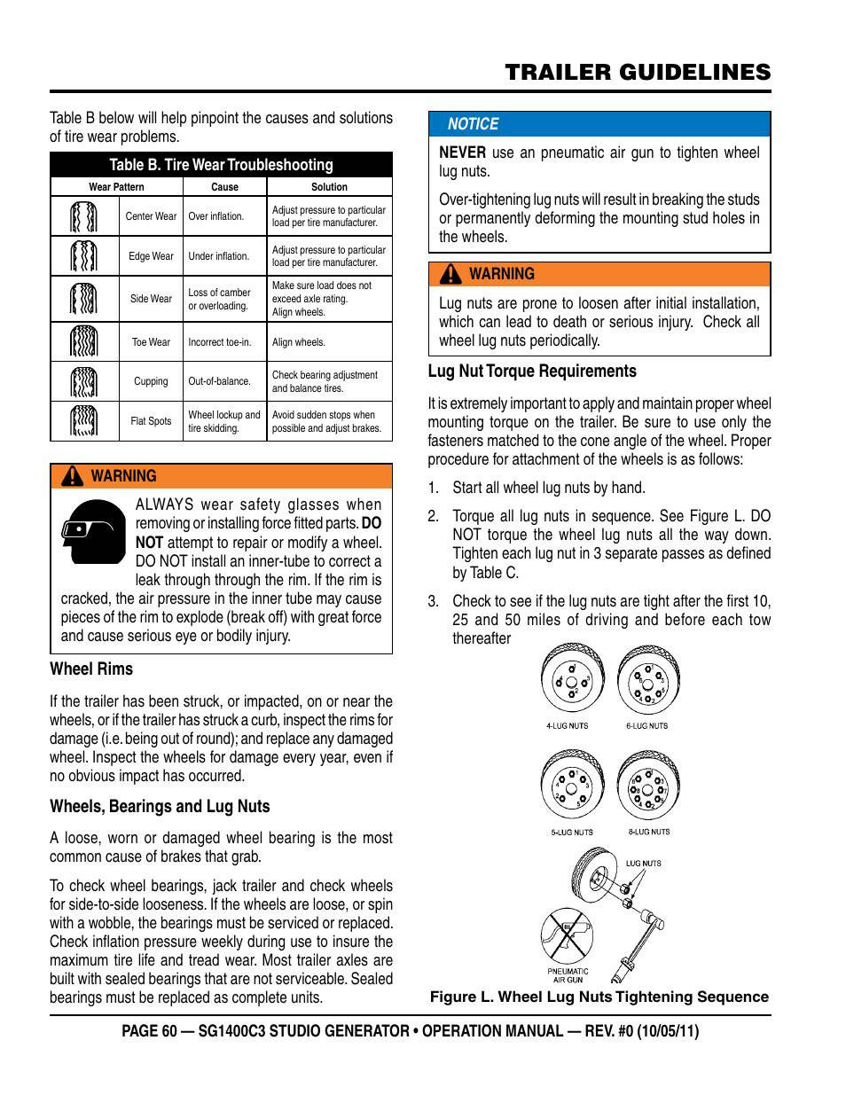Trailer guidelines, Wheel rims, Wheels, bearings and lug nuts | Lug nut torque requirements | Multiquip MQ Power 3-Position Switch/Paralleling 1400 Amp Studio Generator SG1400C3 User Manual | Page 60 / 62