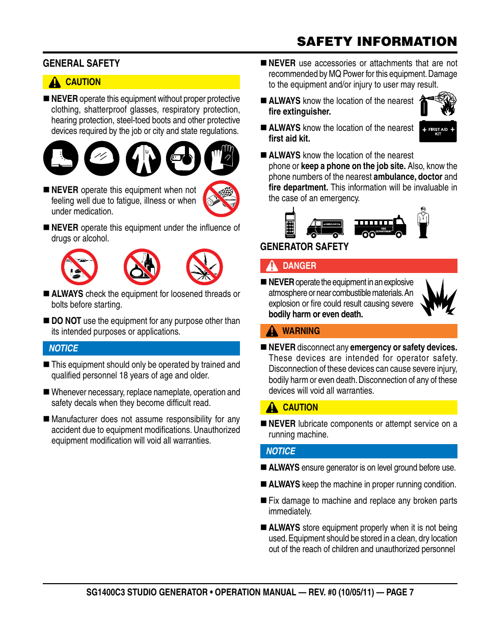 Safety information | Multiquip MQ Power 3-Position Switch/Paralleling 1400 Amp Studio Generator SG1400C3 User Manual | Page 7 / 62