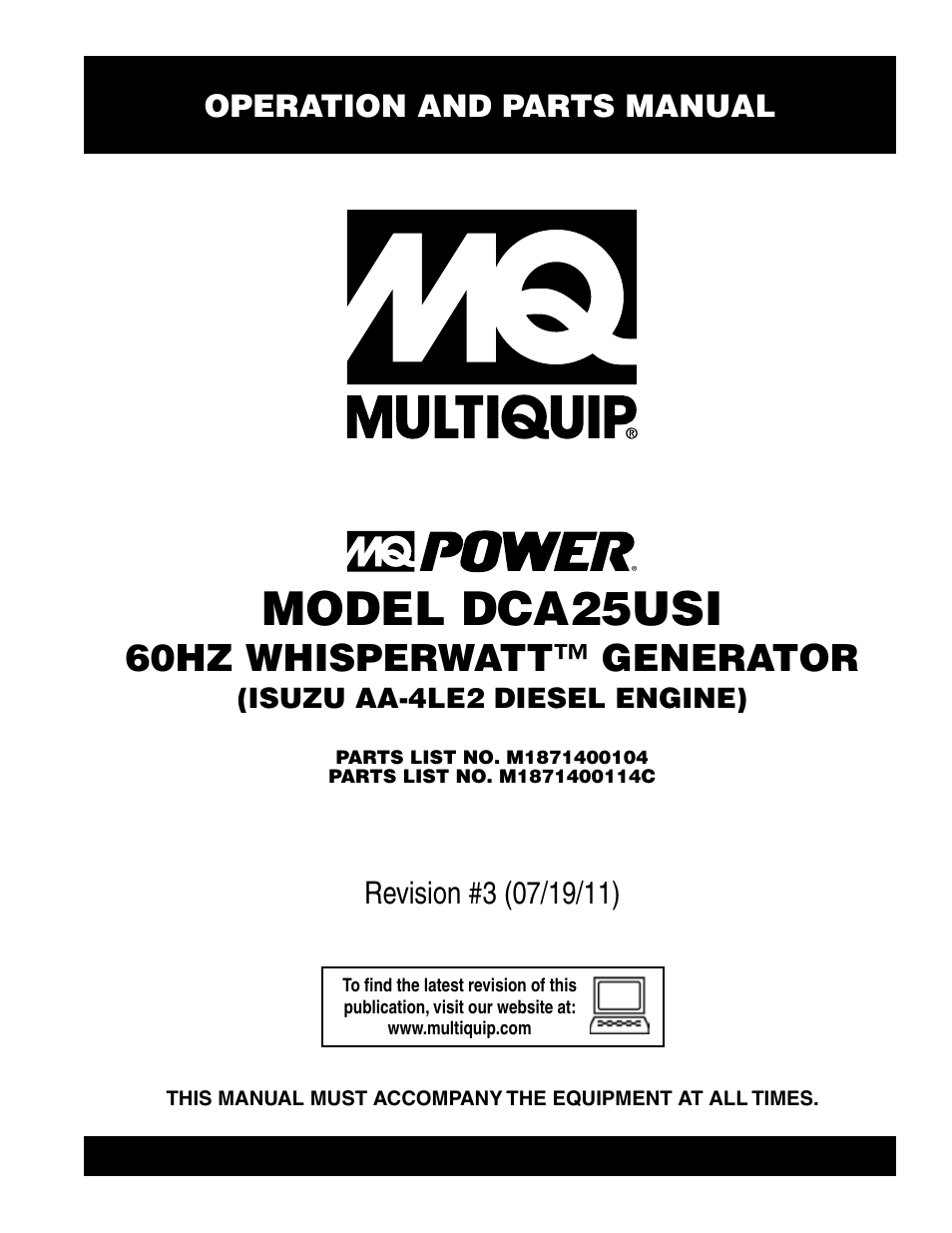 Multiquip MQ Power 60HZ Whisperwatt Generator DCA25USI User Manual | 80 pages