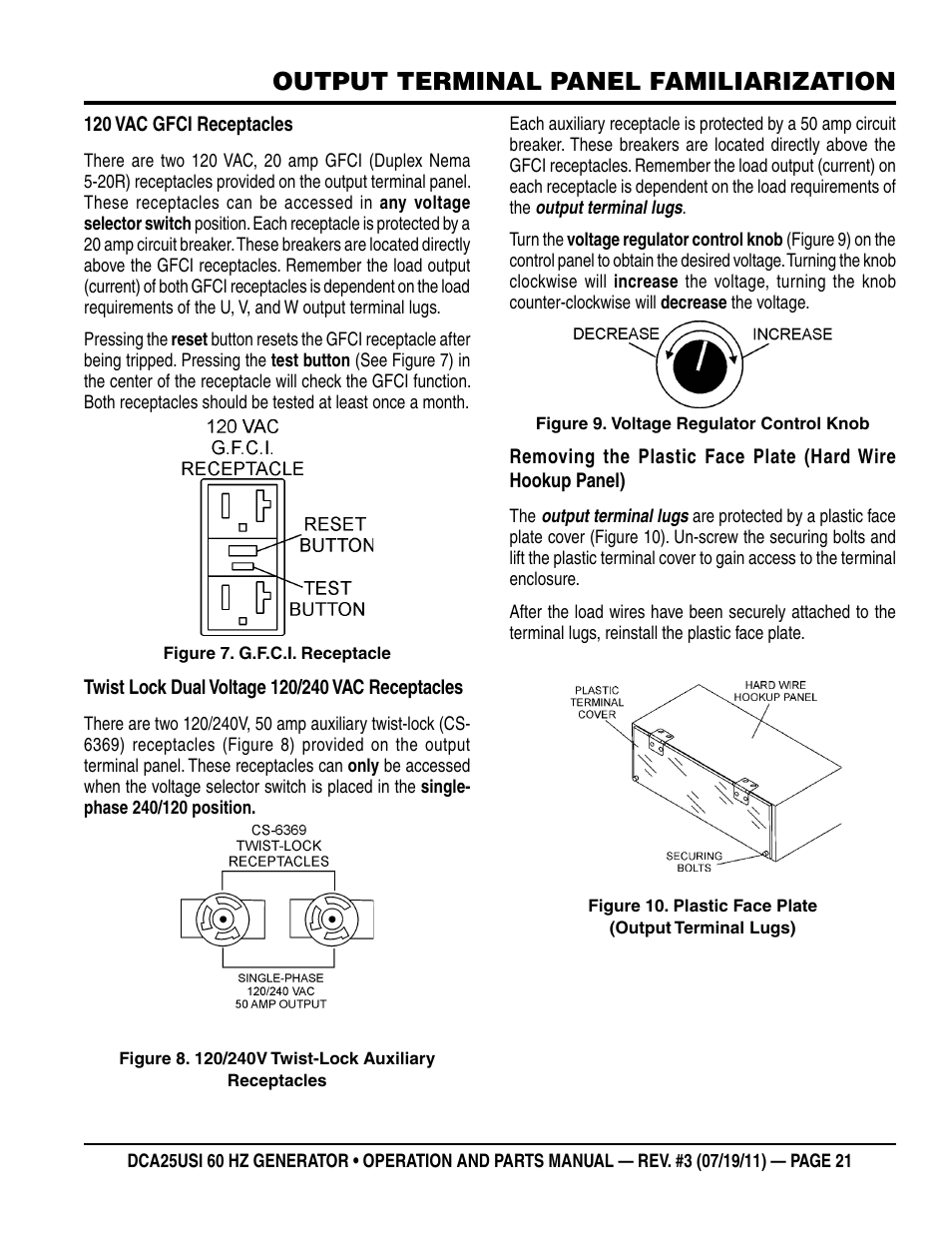 Output terminal panel familiarization | Multiquip MQ Power 60HZ Whisperwatt Generator DCA25USI User Manual | Page 21 / 80