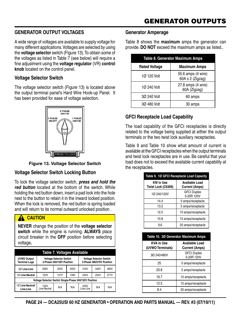 Generator outputs, Generator output voltages, Voltage selector switch | Voltage selector switch locking button, Generator amperage, Gfci receptacle load capability | Multiquip MQ Power 60HZ Whisperwatt Generator DCA25USI User Manual | Page 24 / 80