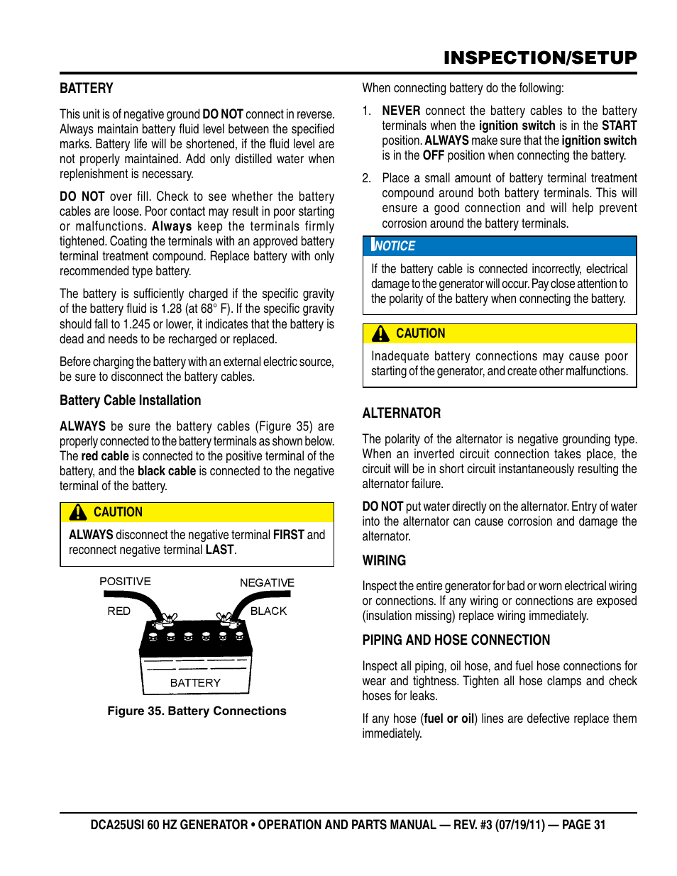 Inspection/setup | Multiquip MQ Power 60HZ Whisperwatt Generator DCA25USI User Manual | Page 31 / 80