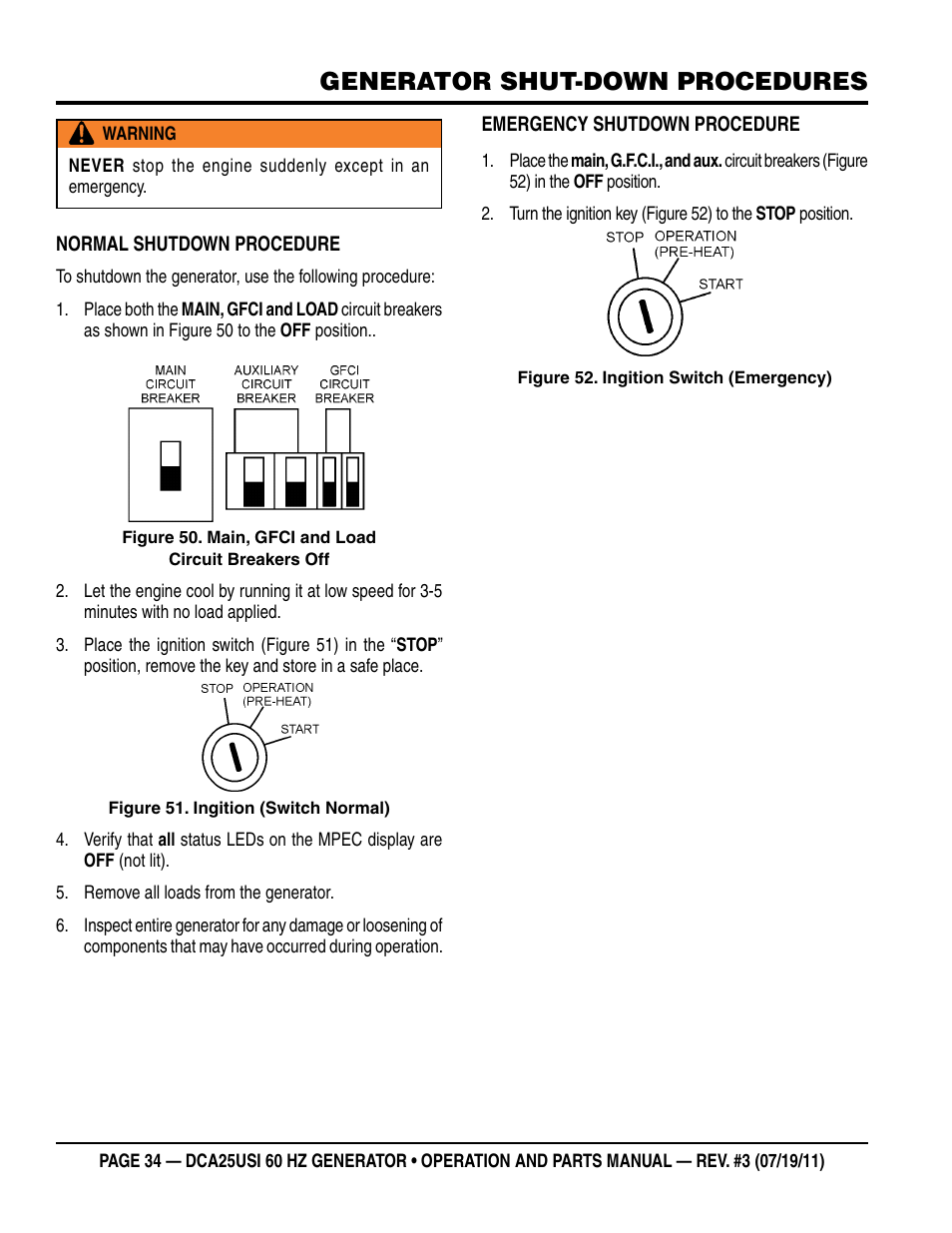 Generator shut-down procedures | Multiquip MQ Power 60HZ Whisperwatt Generator DCA25USI User Manual | Page 34 / 80
