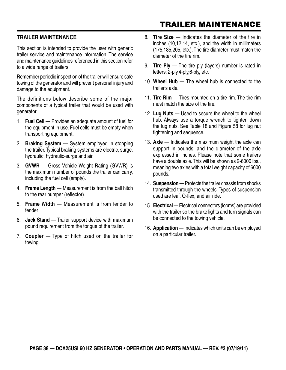 Trailer maintenance | Multiquip MQ Power 60HZ Whisperwatt Generator DCA25USI User Manual | Page 38 / 80