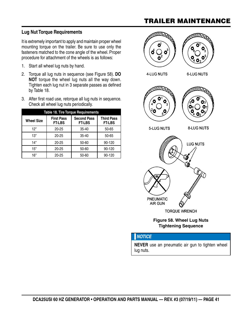 Trailer maintenance, Lug nut torque requirements | Multiquip MQ Power 60HZ Whisperwatt Generator DCA25USI User Manual | Page 41 / 80