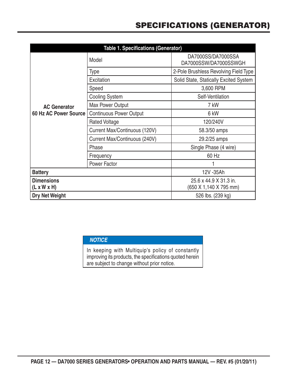 Specifications (generator) | Multiquip DA700SSW User Manual | Page 12 / 172