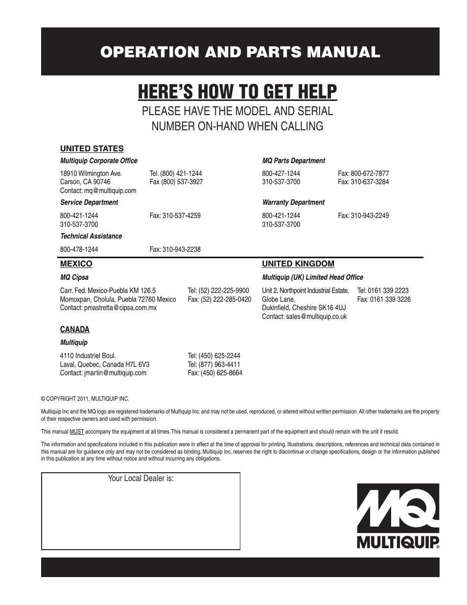Here’s how to get help, Operation and parts manual | Multiquip DA700SSW User Manual | Page 172 / 172