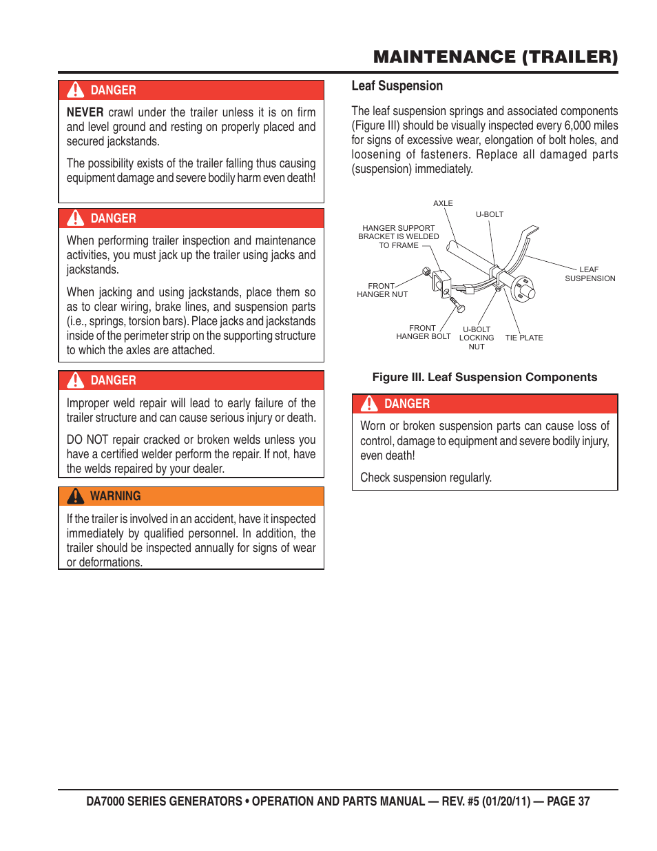 Maintenance (trailer), Leaf suspension | Multiquip DA700SSW User Manual | Page 37 / 172