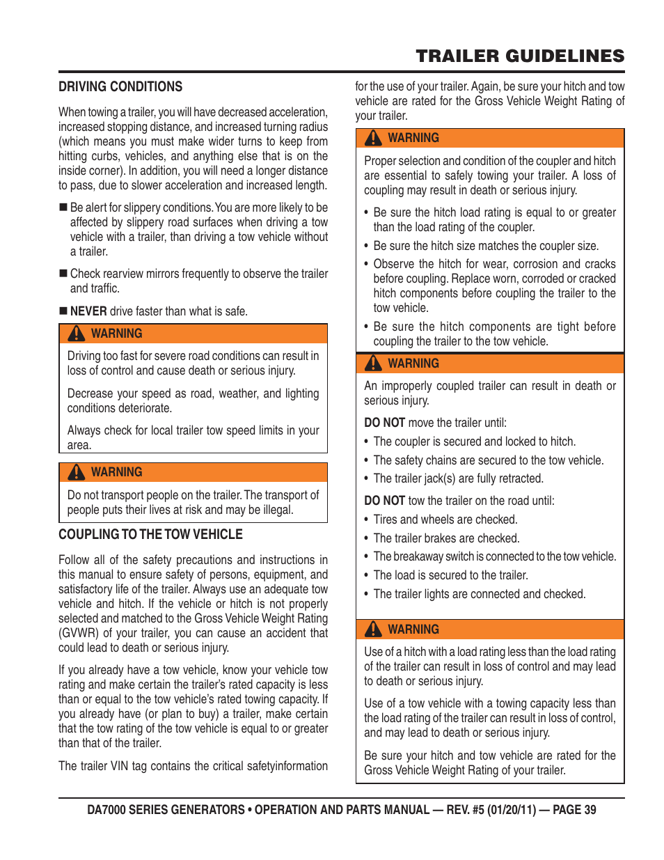 Trailer guidelines | Multiquip DA700SSW User Manual | Page 39 / 172