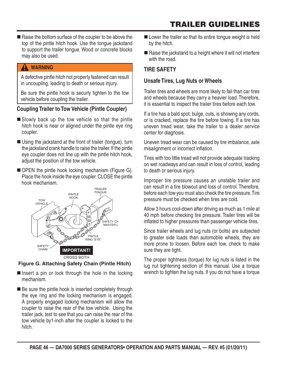 Trailer guidelines, Coupling trailer to tow vehicle (pintle coupler), Tire safety unsafe tires, lug nuts or wheels | Multiquip DA700SSW User Manual | Page 46 / 172