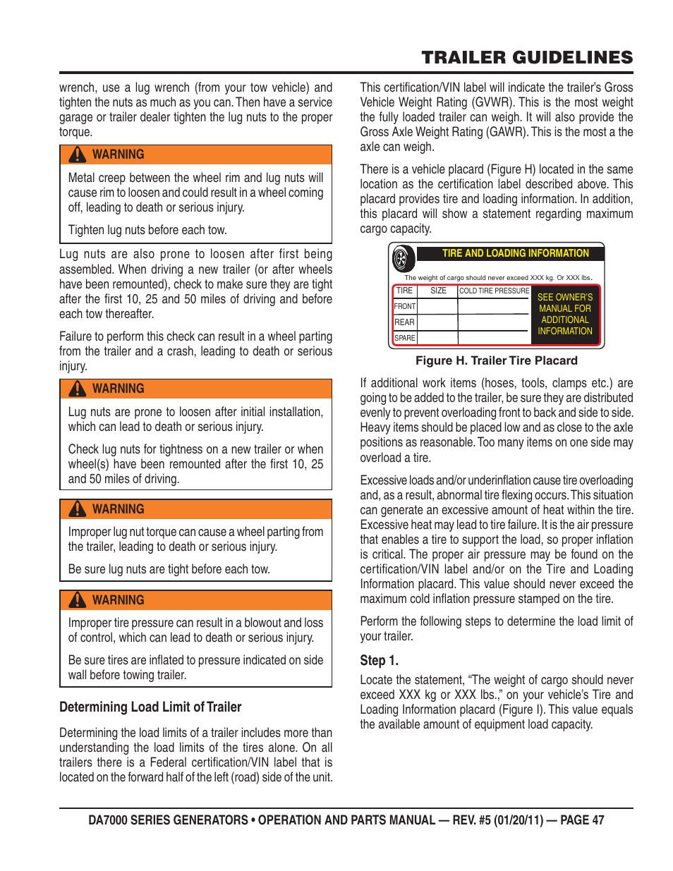 Trailer guidelines, Determining load limit of trailer, Step 1 | Multiquip DA700SSW User Manual | Page 47 / 172