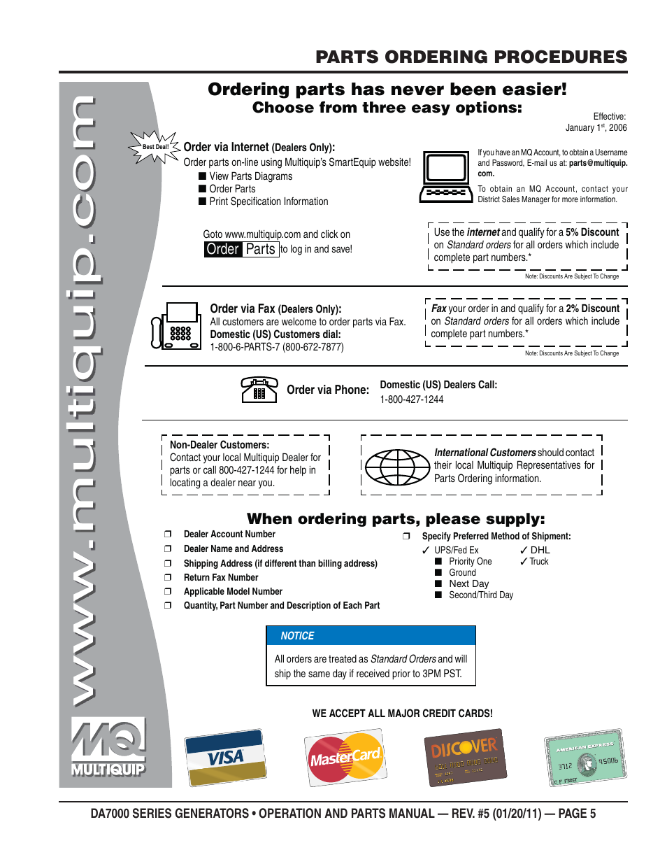 Parts ordering procedures, Ordering parts has never been easier, Choose from three easy options | When ordering parts, please supply, Order parts | Multiquip DA700SSW User Manual | Page 5 / 172
