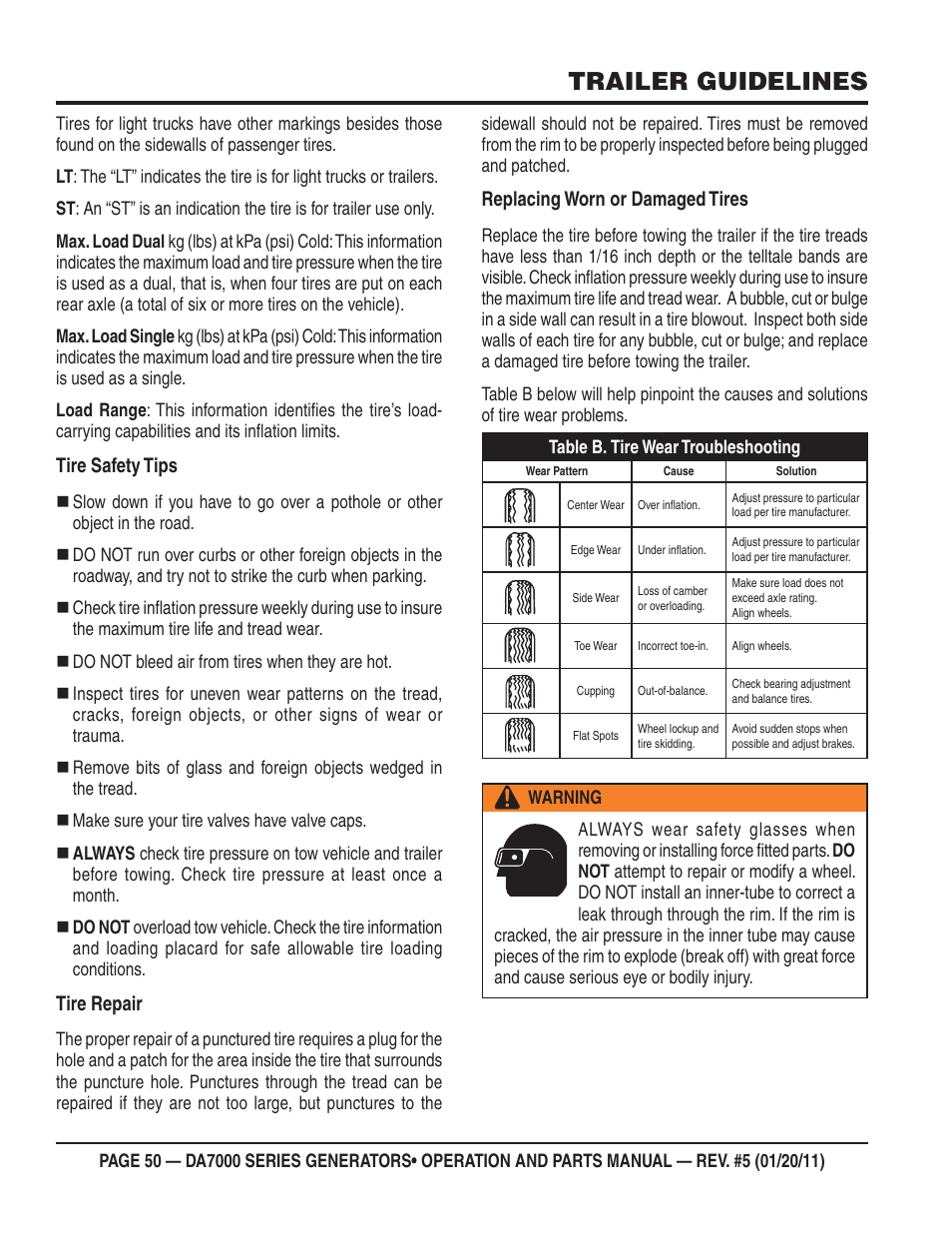 Trailer guidelines, Tire safety tips, Tire repair | Replacing worn or damaged tires | Multiquip DA700SSW User Manual | Page 50 / 172