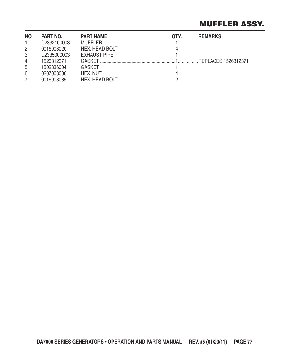 Muffler assy | Multiquip DA700SSW User Manual | Page 77 / 172