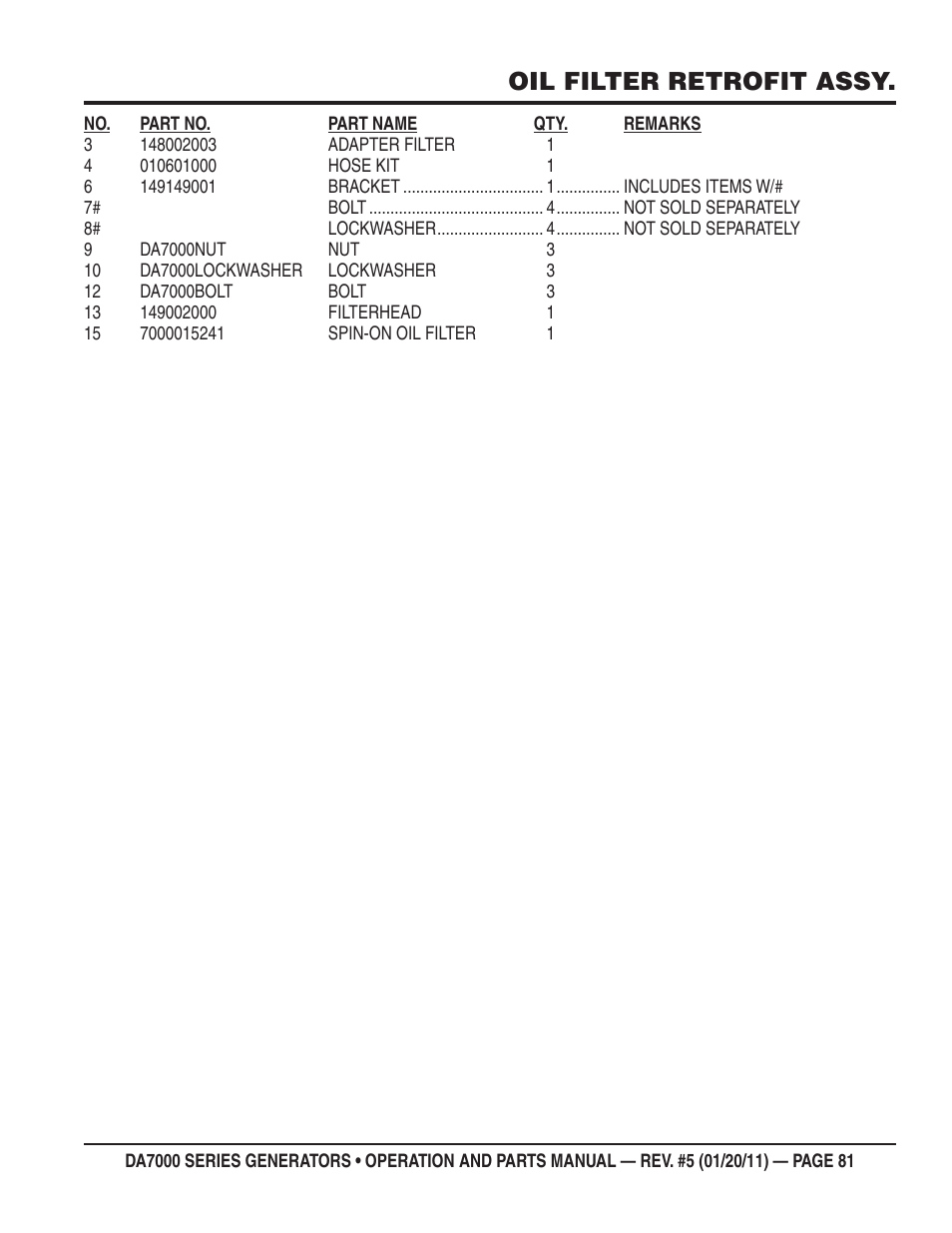 Oil filter retrofit assy | Multiquip DA700SSW User Manual | Page 81 / 172