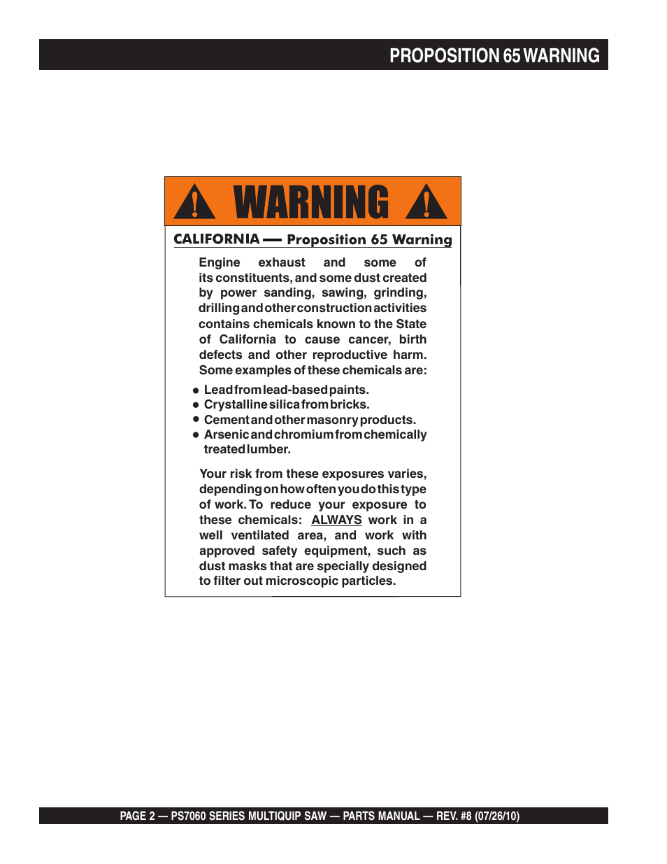 Proposition 65 warning | Multiquip Stay-Level Handlebar Pavement Saw PS706026 User Manual | Page 2 / 82