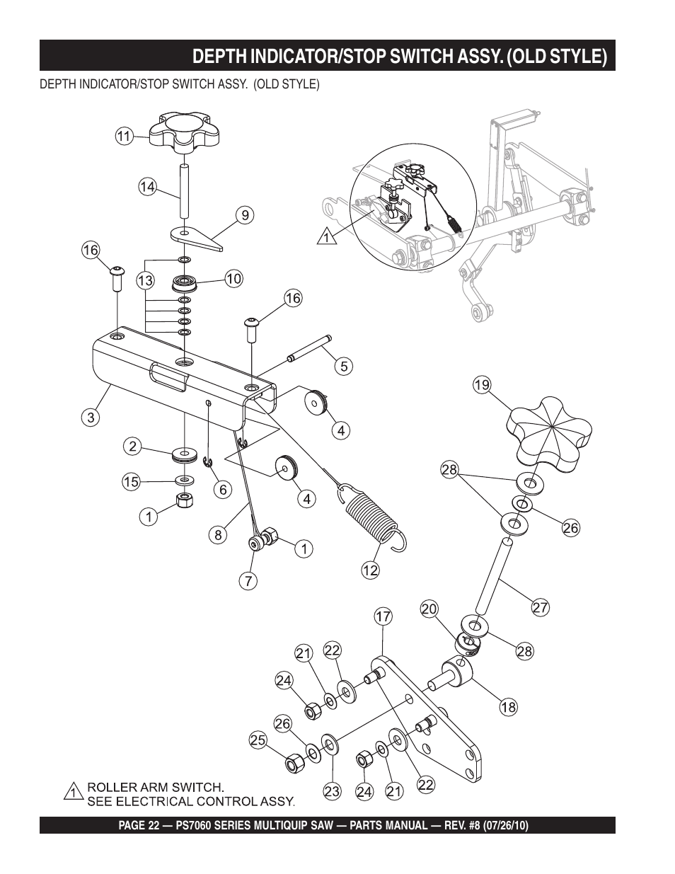 Depth indicator/stop switch assy. (old style) | Multiquip Stay-Level Handlebar Pavement Saw PS706026 User Manual | Page 22 / 82