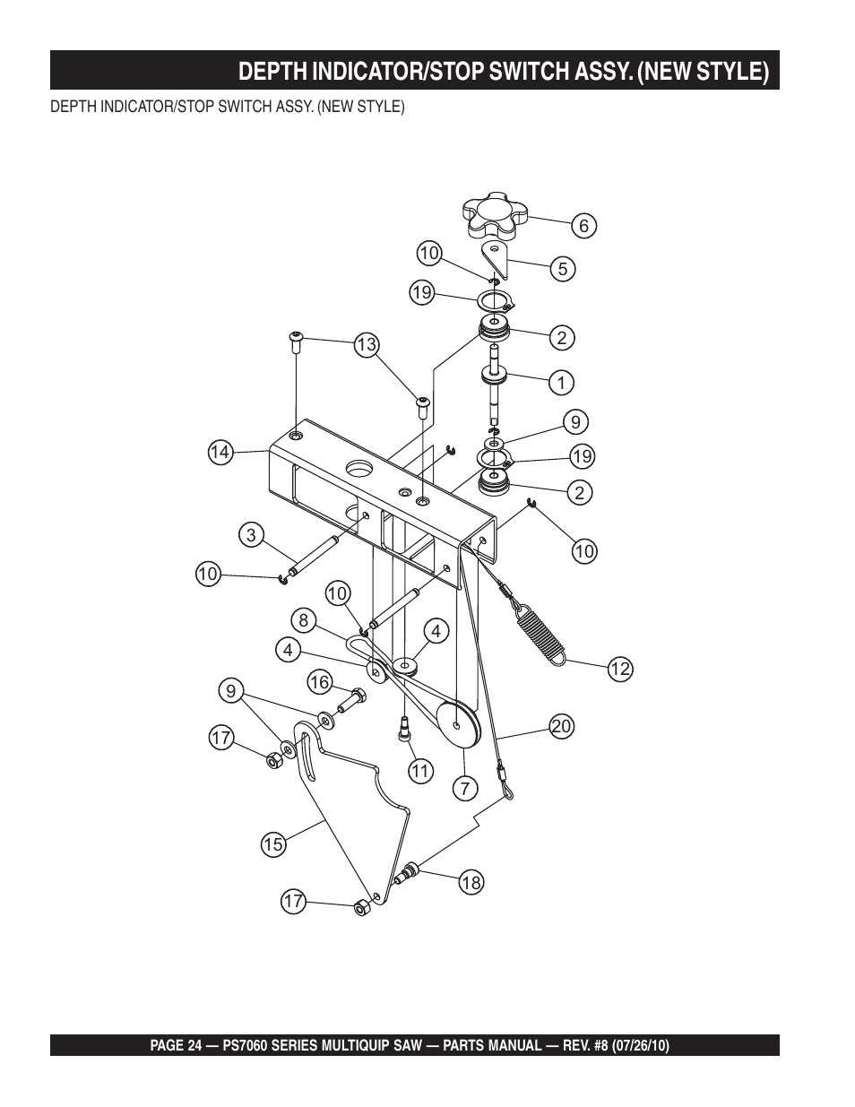 Depth indicator/stop switch assy. (new style) | Multiquip Stay-Level Handlebar Pavement Saw PS706026 User Manual | Page 24 / 82