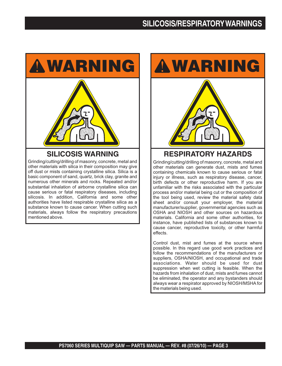 Warning | Multiquip Stay-Level Handlebar Pavement Saw PS706026 User Manual | Page 3 / 82