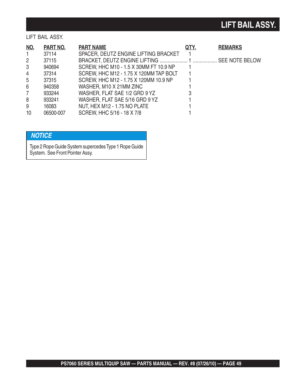 Lift bail assy, Notice | Multiquip Stay-Level Handlebar Pavement Saw PS706026 User Manual | Page 49 / 82