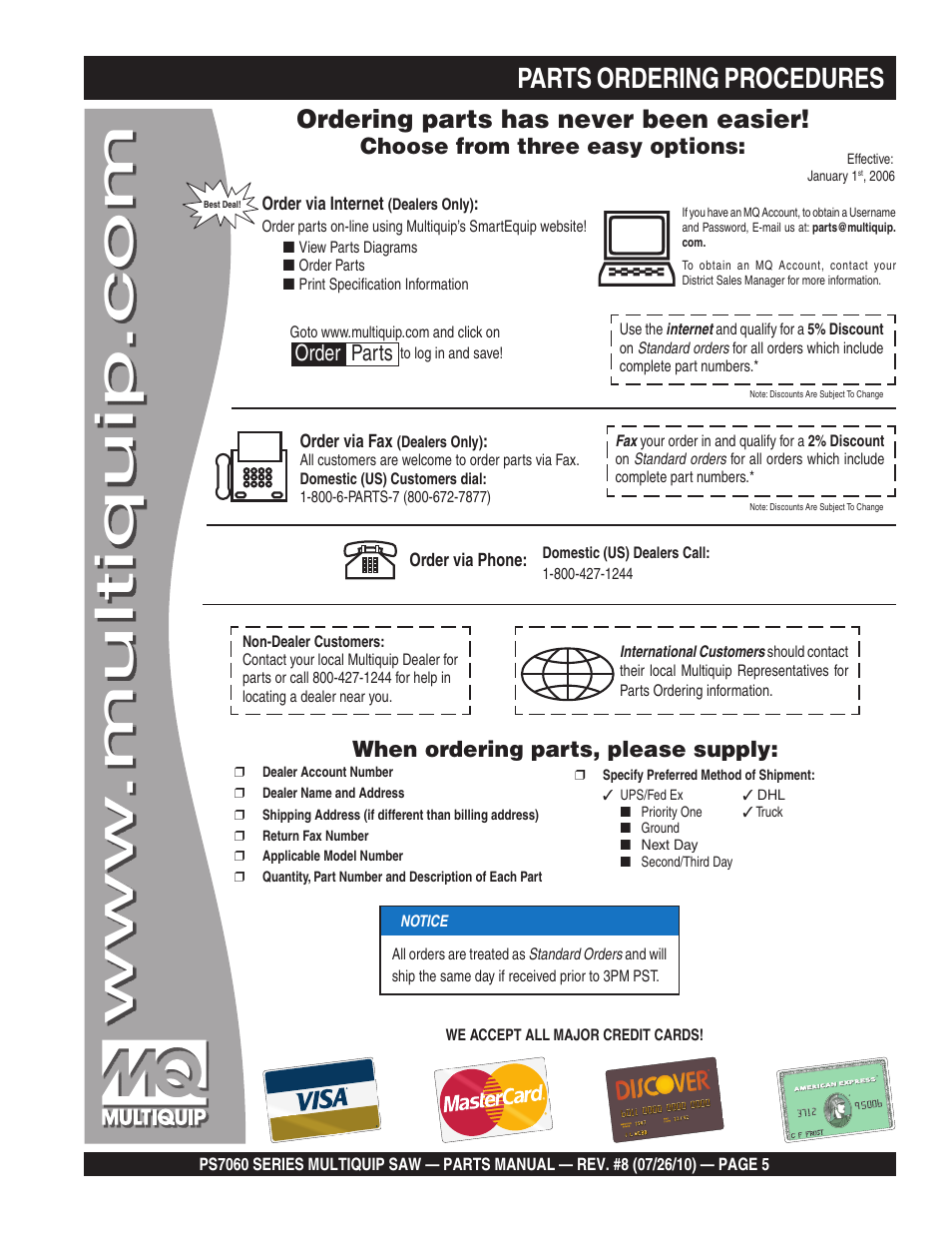 Parts ordering procedures, Ordering parts has never been easier, Choose from three easy options | When ordering parts, please supply, Order parts | Multiquip Stay-Level Handlebar Pavement Saw PS706026 User Manual | Page 5 / 82