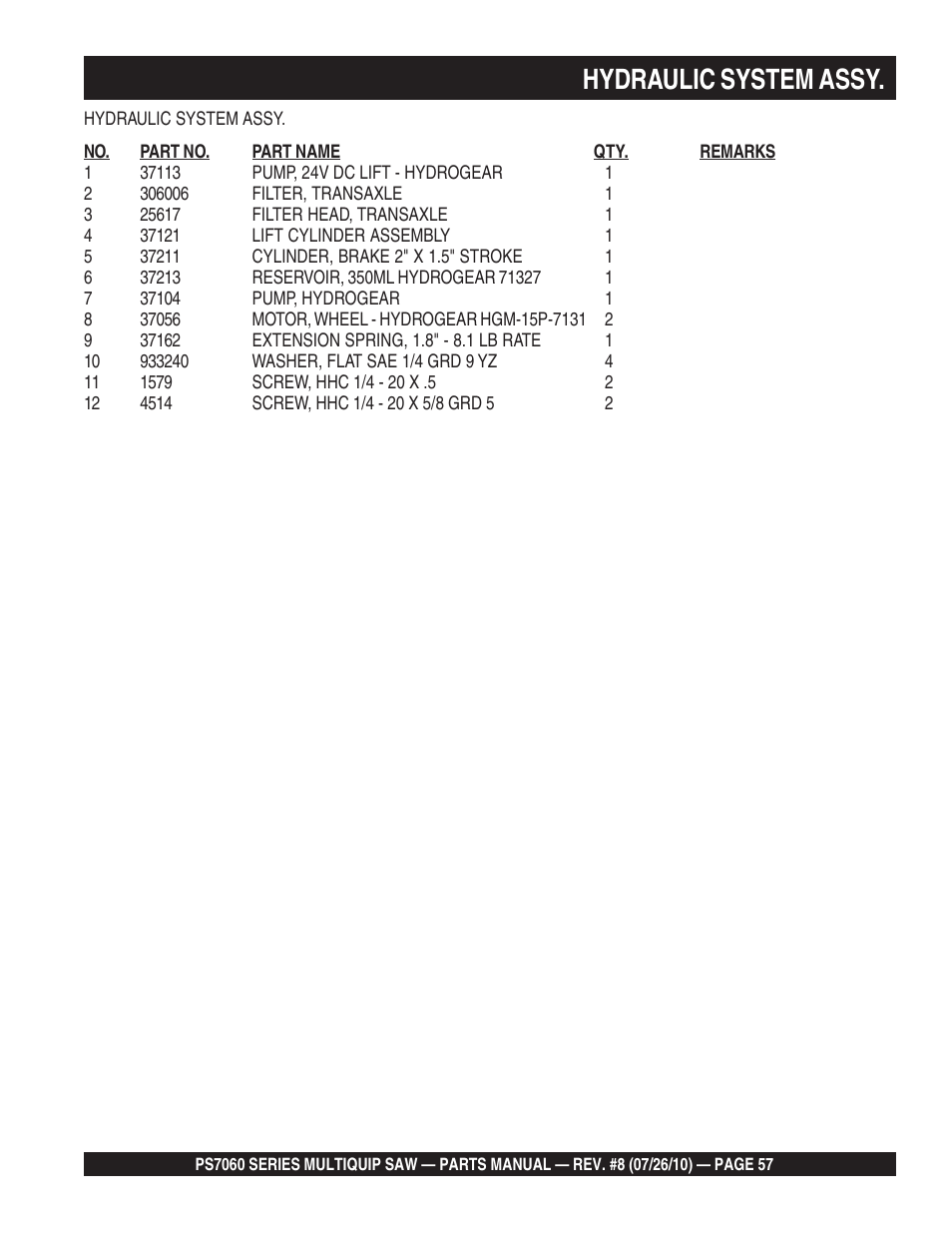 Hydraulic system assy | Multiquip Stay-Level Handlebar Pavement Saw PS706026 User Manual | Page 57 / 82