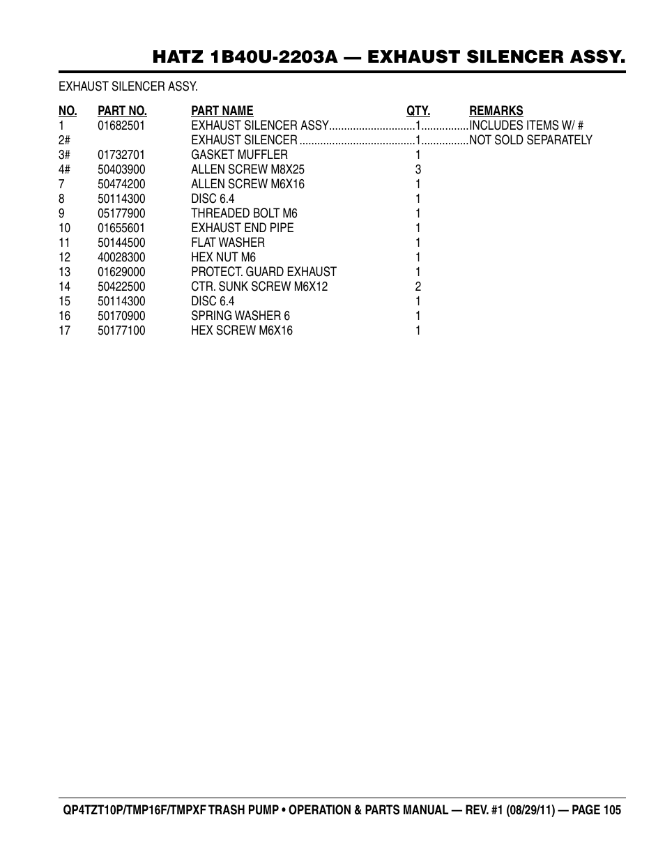 Multiquip TRASH PUMP (hatz 1B40u-2203a diesel engine) Qp4tZt10p User Manual | Page 105 / 118