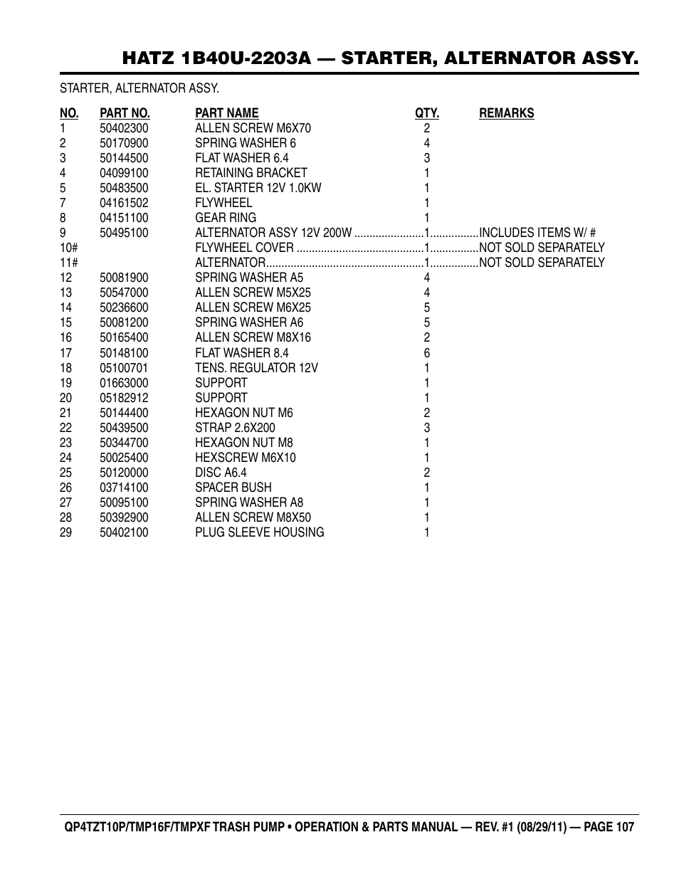 Multiquip TRASH PUMP (hatz 1B40u-2203a diesel engine) Qp4tZt10p User Manual | Page 107 / 118