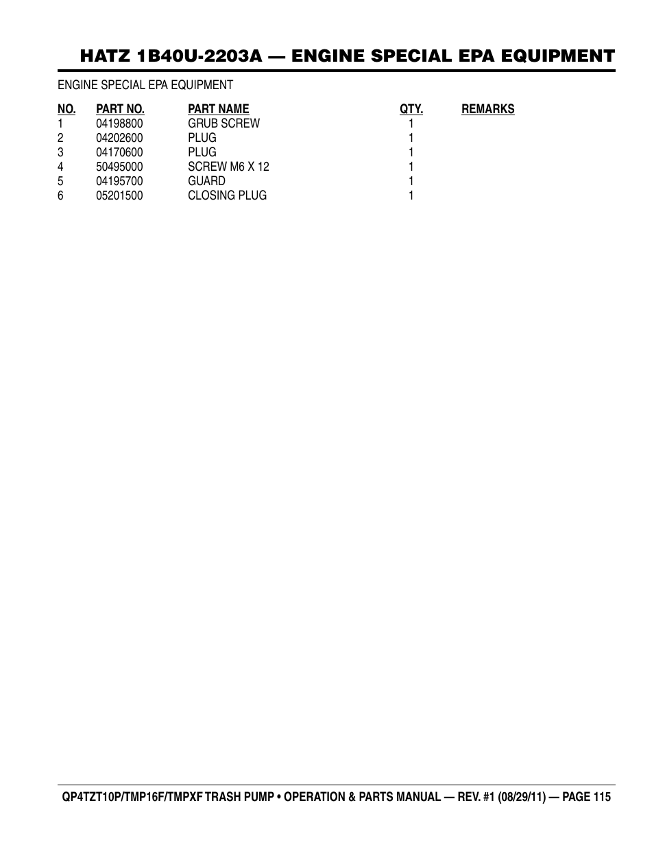 Multiquip TRASH PUMP (hatz 1B40u-2203a diesel engine) Qp4tZt10p User Manual | Page 115 / 118