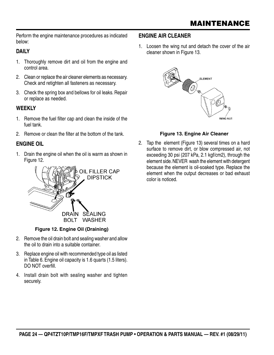 Maintenance | Multiquip TRASH PUMP (hatz 1B40u-2203a diesel engine) Qp4tZt10p User Manual | Page 24 / 118