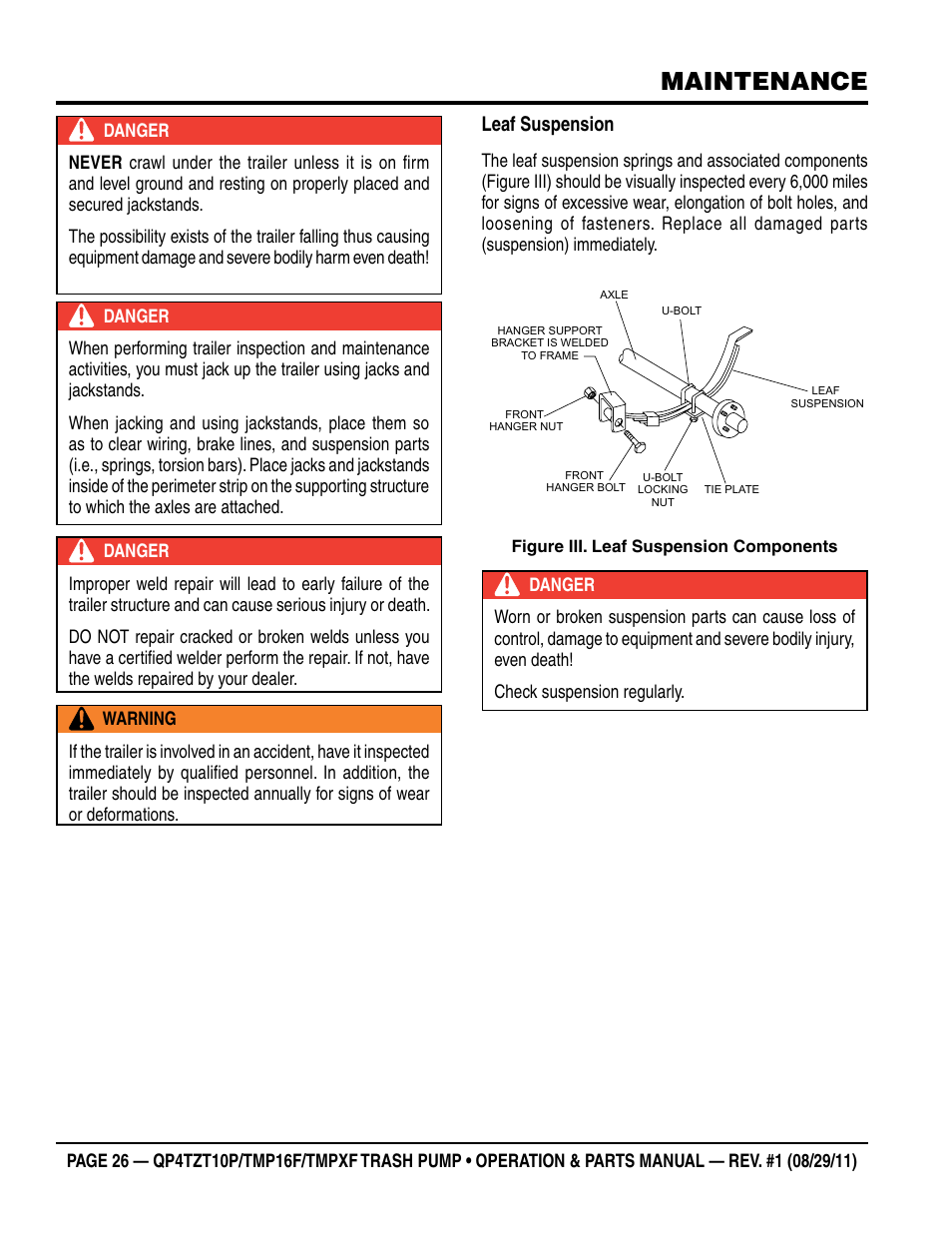 Maintenance, Leaf suspension | Multiquip TRASH PUMP (hatz 1B40u-2203a diesel engine) Qp4tZt10p User Manual | Page 26 / 118