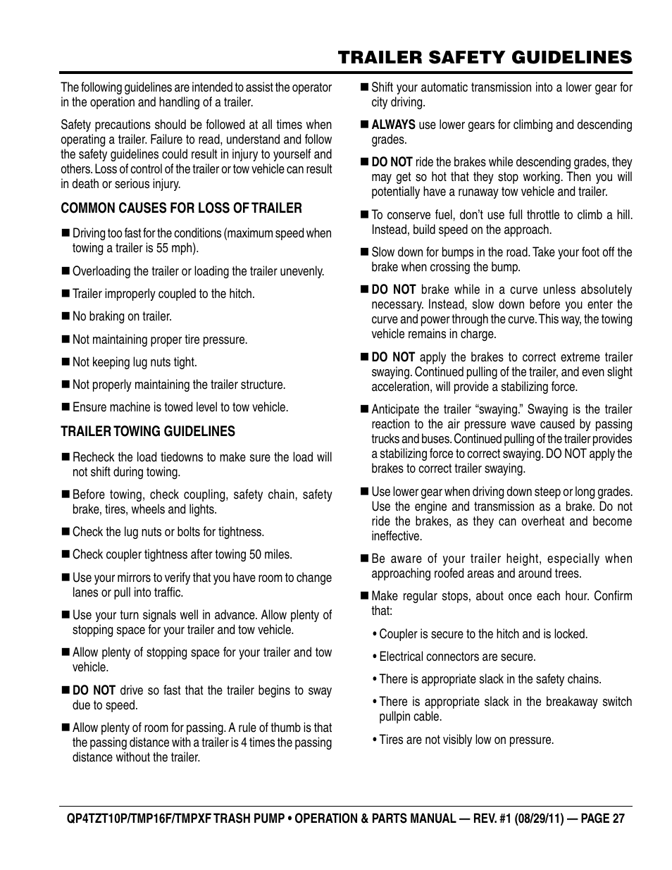 Trailer safety guidelines | Multiquip TRASH PUMP (hatz 1B40u-2203a diesel engine) Qp4tZt10p User Manual | Page 27 / 118