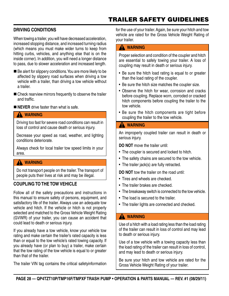 Trailer safety guidelines | Multiquip TRASH PUMP (hatz 1B40u-2203a diesel engine) Qp4tZt10p User Manual | Page 28 / 118
