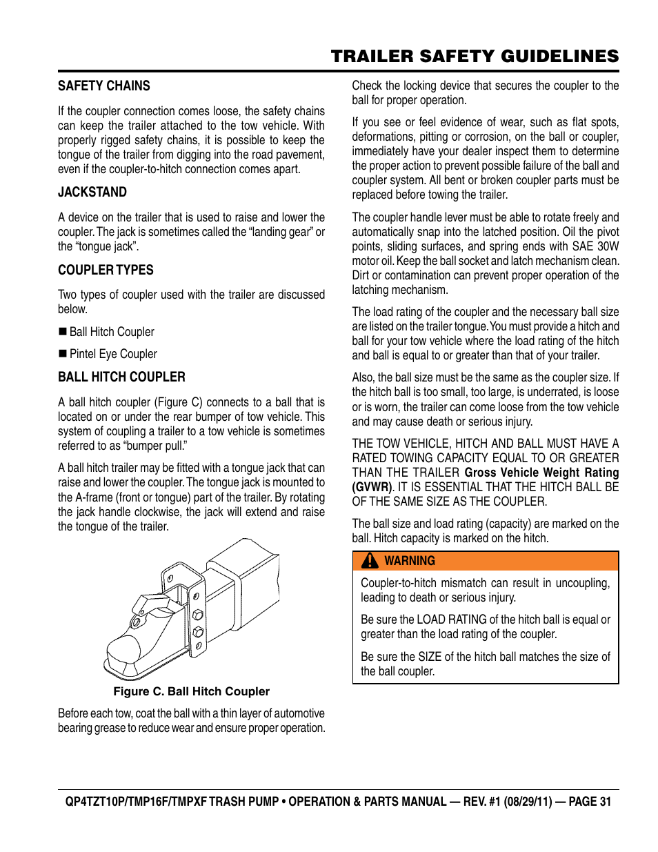 Trailer safety guidelines | Multiquip TRASH PUMP (hatz 1B40u-2203a diesel engine) Qp4tZt10p User Manual | Page 31 / 118