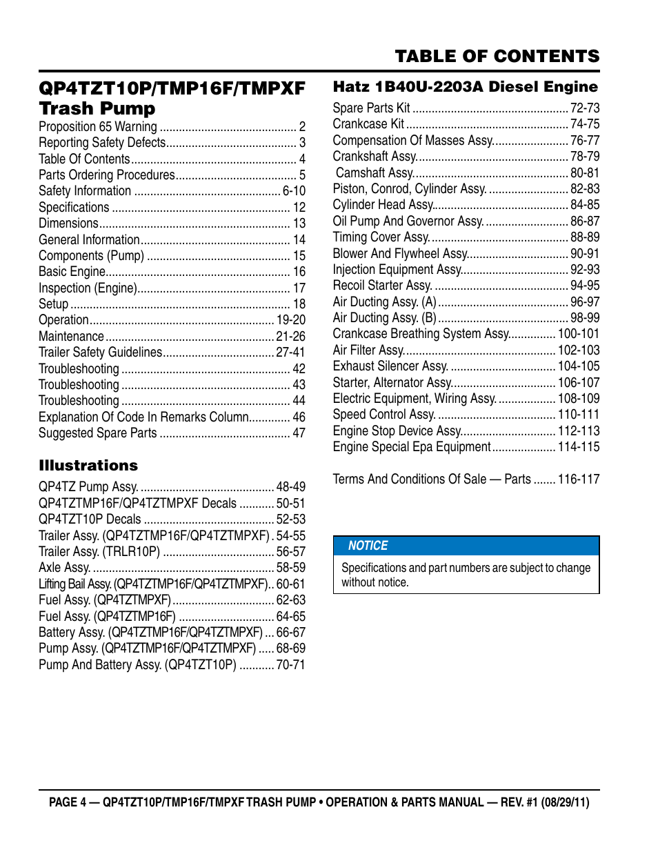 Multiquip TRASH PUMP (hatz 1B40u-2203a diesel engine) Qp4tZt10p User Manual | Page 4 / 118
