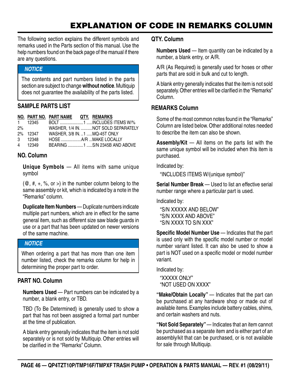 Explanation of code in remarks column | Multiquip TRASH PUMP (hatz 1B40u-2203a diesel engine) Qp4tZt10p User Manual | Page 46 / 118