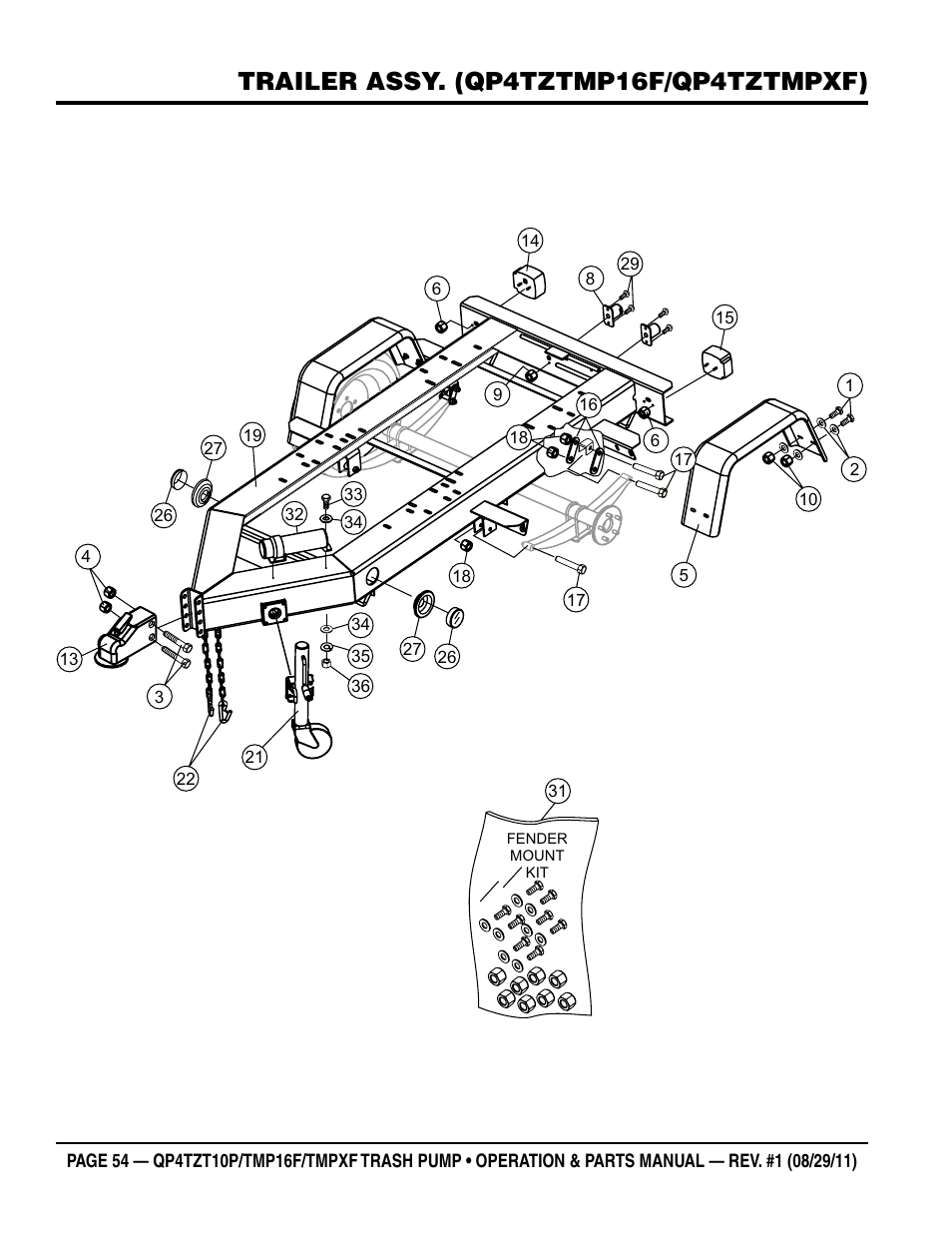 Trailer assy. (qp4tztmp16f/qp4tztmpxf) | Multiquip TRASH PUMP (hatz 1B40u-2203a diesel engine) Qp4tZt10p User Manual | Page 54 / 118