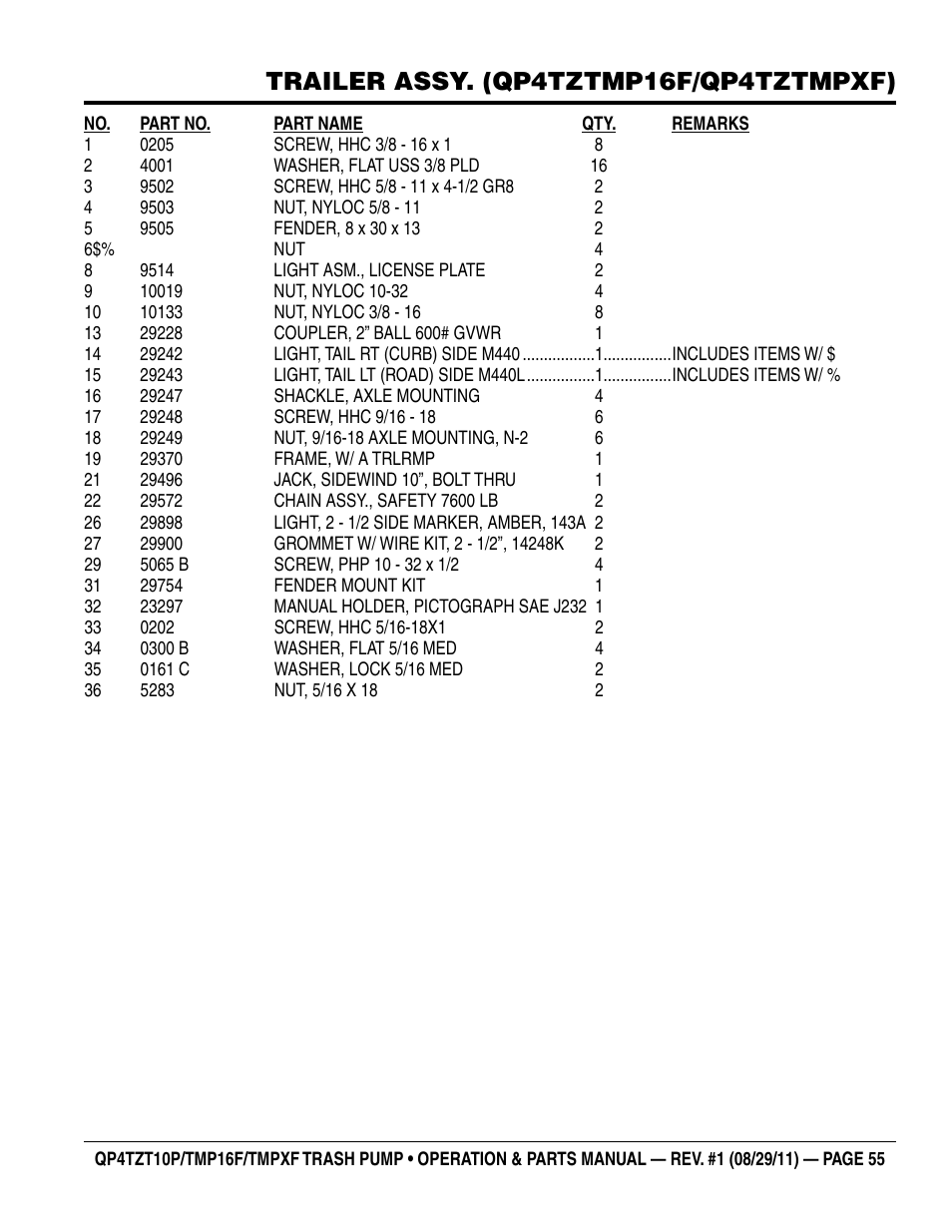 Trailer assy. (qp4tztmp16f/qp4tztmpxf) | Multiquip TRASH PUMP (hatz 1B40u-2203a diesel engine) Qp4tZt10p User Manual | Page 55 / 118